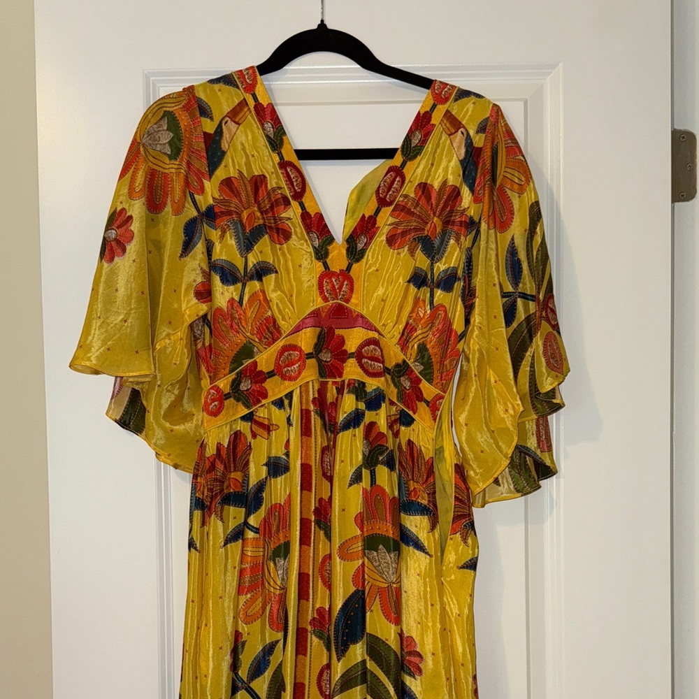Farm Rio Yellow Midi Dress Flutter Sleeves NWT Size XS - Picture 2 of 4